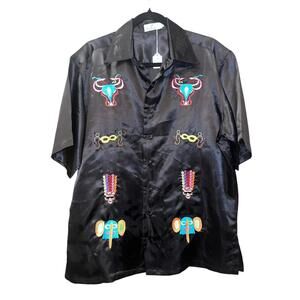 Vibrant Black Satin Shirt with Unique Embroidery Mens Large